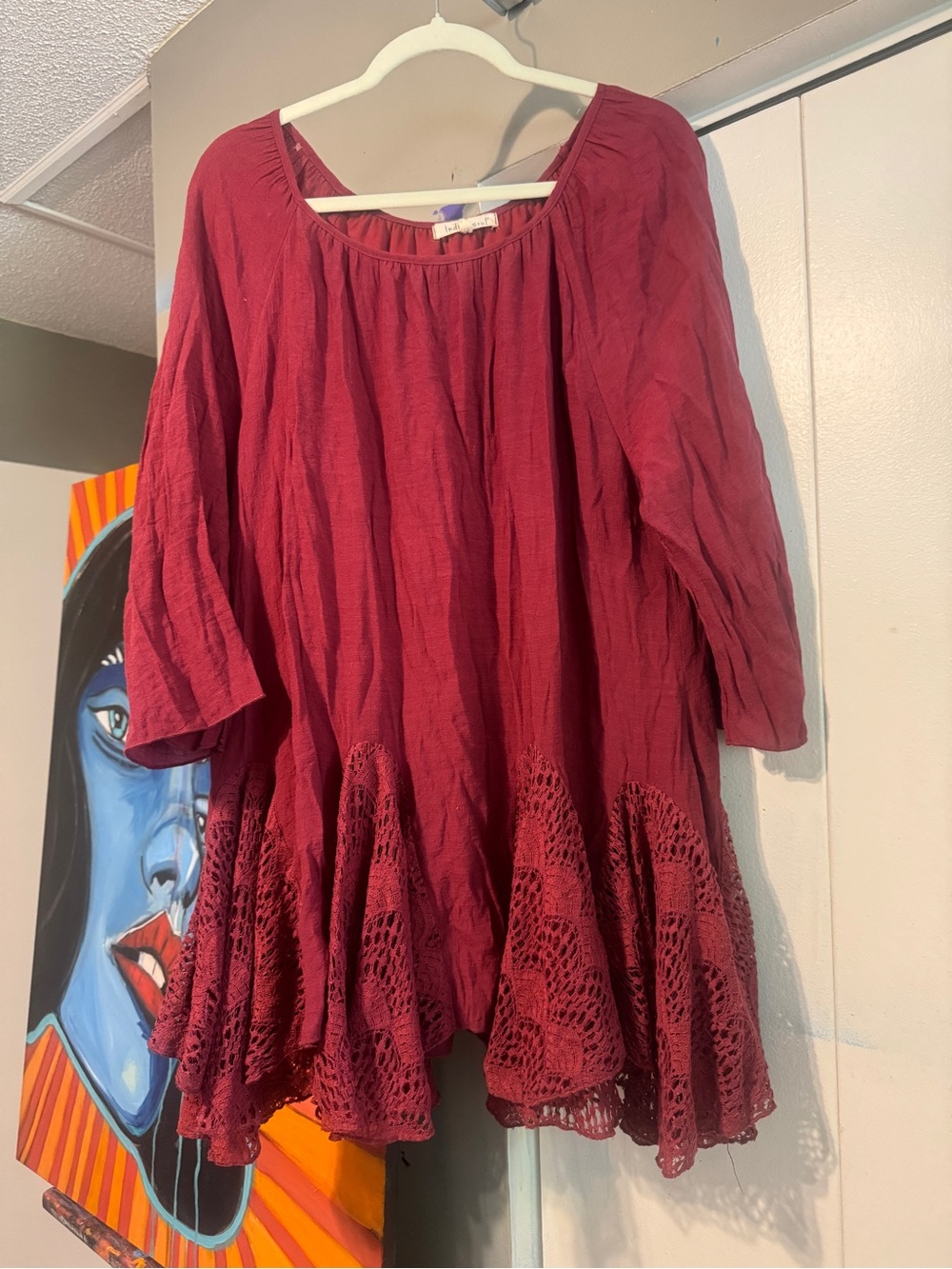 Indigo Soul XL Burgundy Crochet Lace Asymmetrical Hem Mini Tunic Dress Whimsigot - Picture 6 of 9
